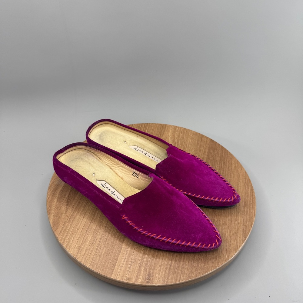 Lisa Nading Suede Mules Womens 37.5 7 Purple Pointed Toe Kitten Heel Whimsygoth